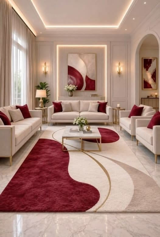 Luxury Drawing Room with Bookmatched Marble TV Backdrop & Fluted Slats #16
